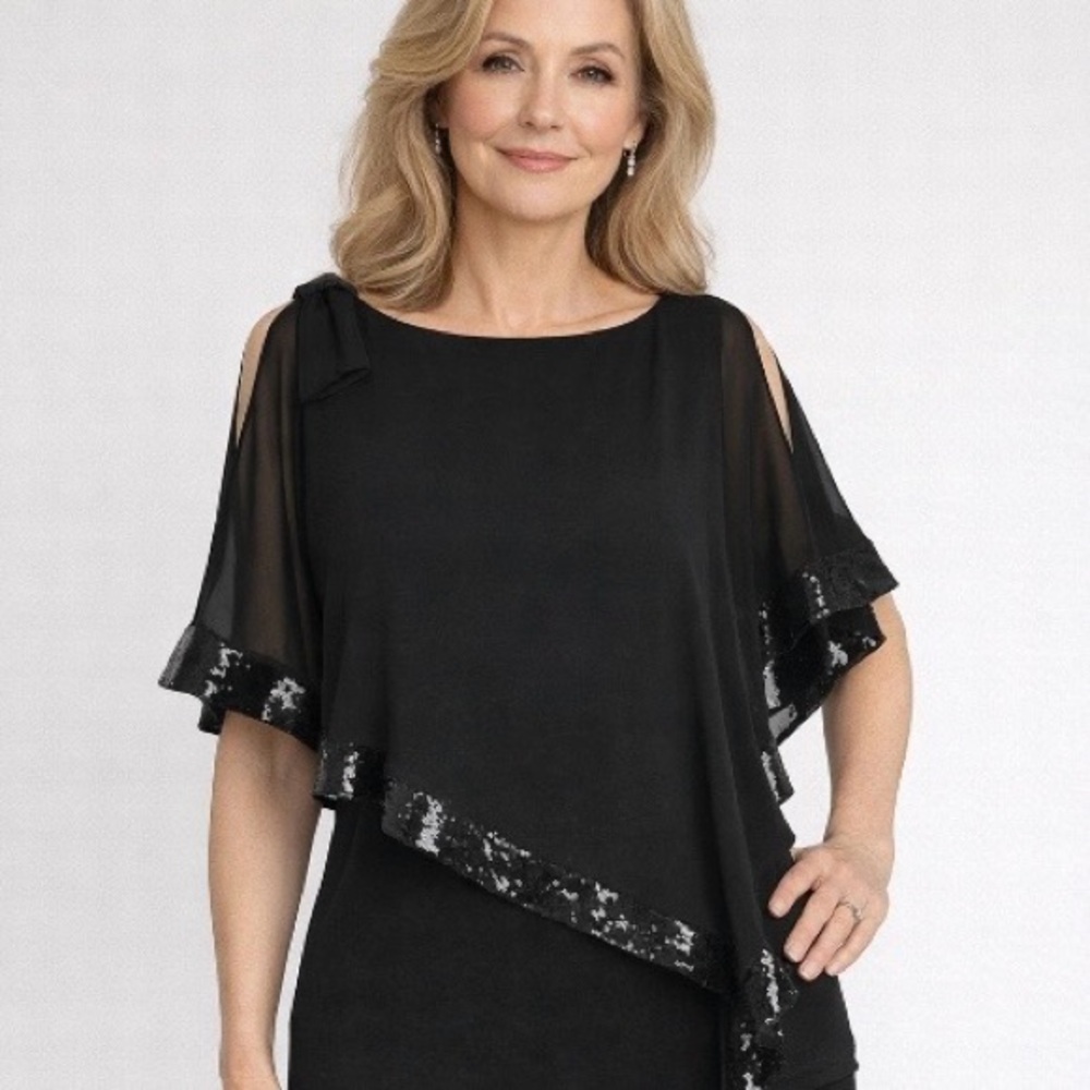 Joseph Ribkoff Whimsy Goth Black Sequin Asymmetrical Flowy  Draped Top